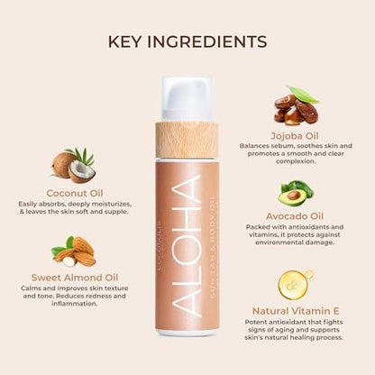 COCOSOLIS ALOHA Sun Tan & Body Oil - Organic Tanning Bed Lotion - Healthy Deep Chocolate Tan - Tanning Accelerator with 5 Precious Oils (110 ml) Avelisse