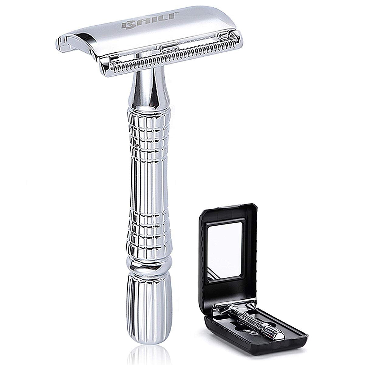 BAILI Classic 3-Piece Double Edge Safety Razor Wet Shaving Kit for Men and Women with Platinum Blade & Mirrored Travel Case - görsel 1