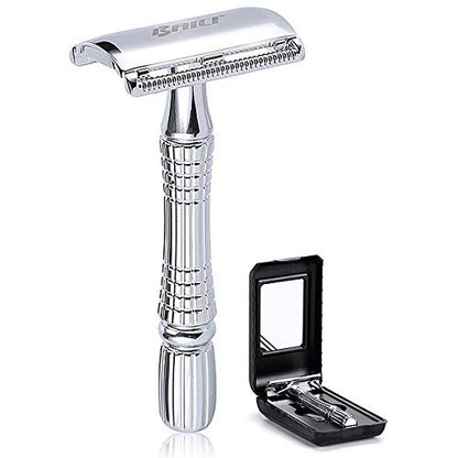 BAILI Classic 3-Piece Double Edge Safety Razor Wet Shaving Kit for Men and Women with Platinum Blade & Mirrored Travel Case