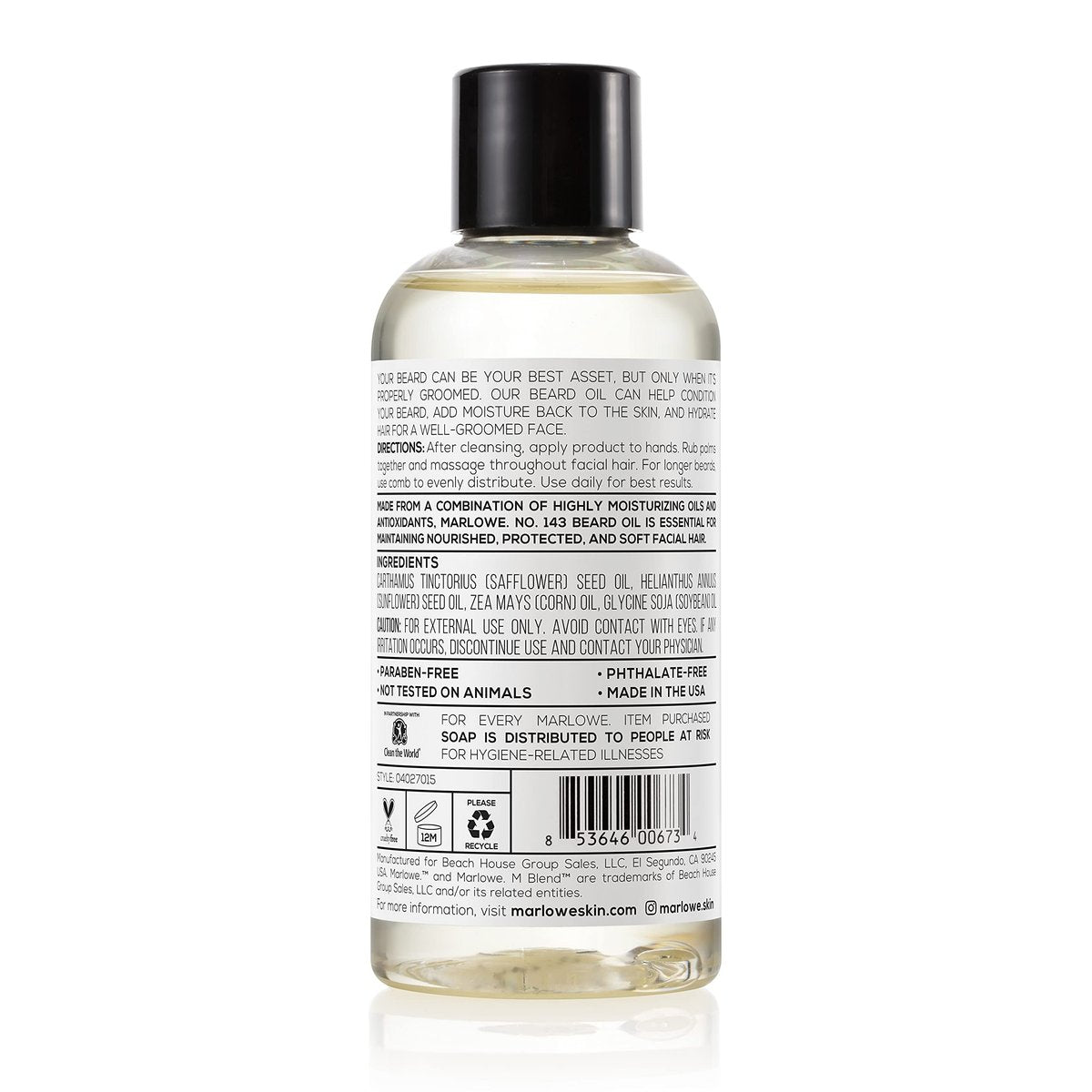 MARLOWE. No. 143 Beard Oil - Fragrance Free Natural Beard Conditioner for Softer, Fuller Beard, 3 oz Avelisse