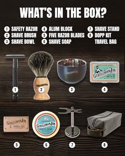 Gentleman Jon Deluxe Vintage Shaving Kit for Men - Complete 8-Piece Wet Shaving Set with Safety Razor, Badger Brush, Stand, Soap, Bowl, Alum Block & Dopp Kit Avelisse