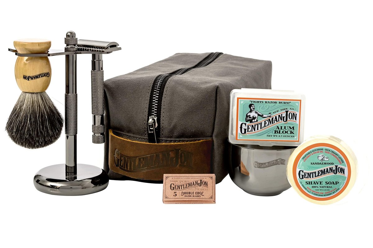 Gentleman Jon Deluxe Vintage Shaving Kit for Men - Complete 8-Piece Wet Shaving Set with Safety Razor, Badger Brush, Stand, Soap, Bowl, Alum Block & Dopp Kit Avelisse