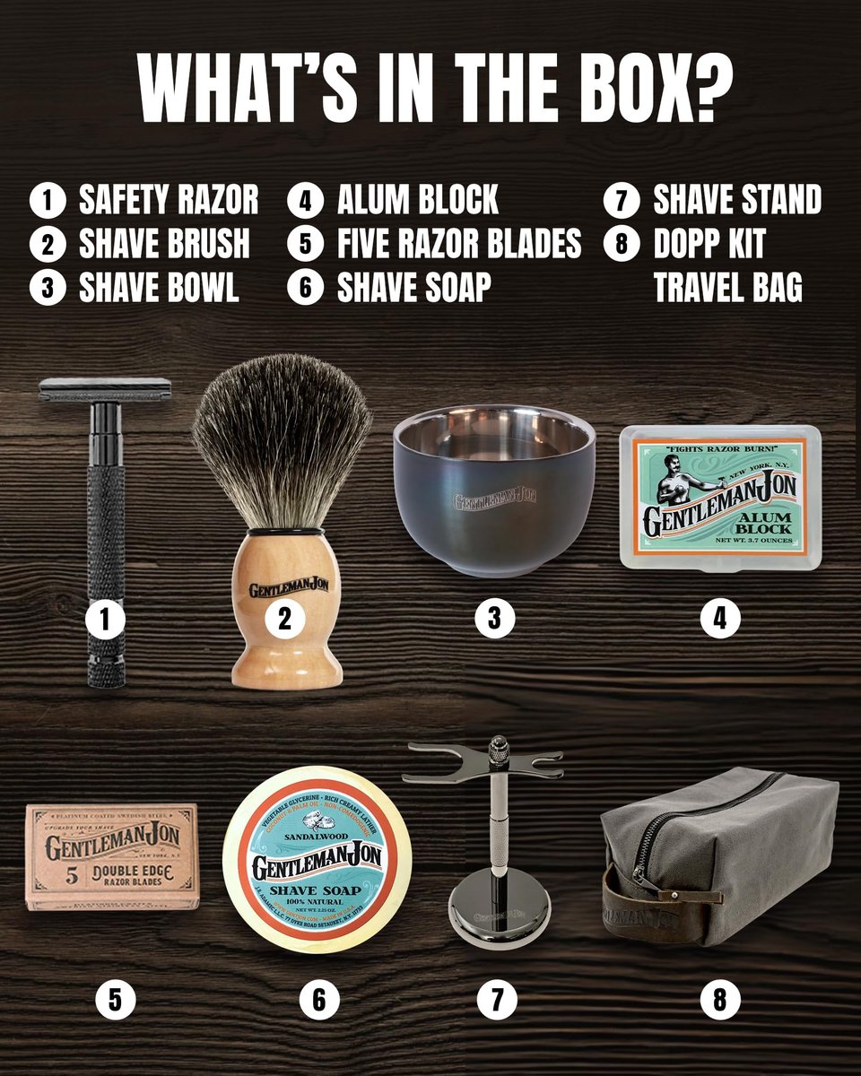 Gentleman Jon Deluxe Vintage Shaving Kit for Men - Complete 8-Piece Wet Shaving Set with Safety Razor, Badger Brush, Stand, Soap, Bowl, Alum Block & Dopp Kit Avelisse