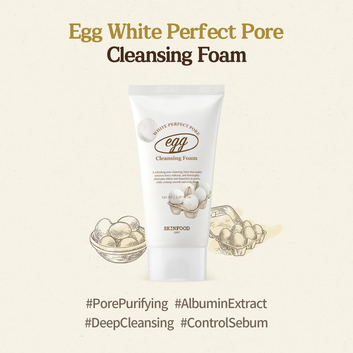 SKINFOOD Egg Perfect Pore Cleansing Foam 150ml - Pore Refining Facial Foam Cleanser with Egg Yolk & Albumin - görsel 3