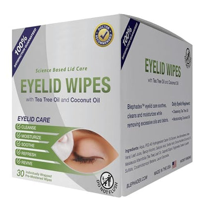 Lunovus Premium Eyelid Wipes with Tea Tree and Coconut Oil – 30 Individually Wrapped Natural Cleansing Wipes for Itchy Eyes