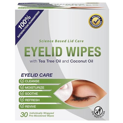 Lunovus Premium Eyelid Wipes with Tea Tree and Coconut Oil – 30 Individually Wrapped Natural Cleansing Wipes for Itchy Eyes