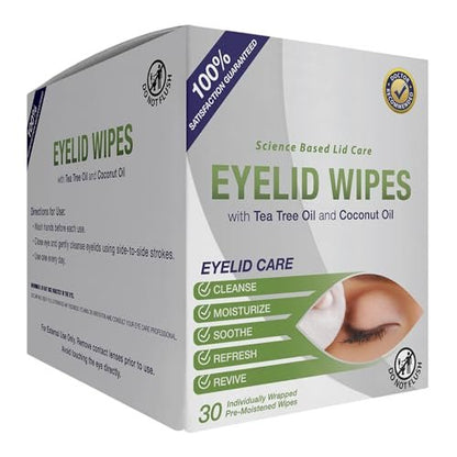 Lunovus Premium Eyelid Wipes with Tea Tree and Coconut Oil – 30 Individually Wrapped Natural Cleansing Wipes for Itchy Eyes