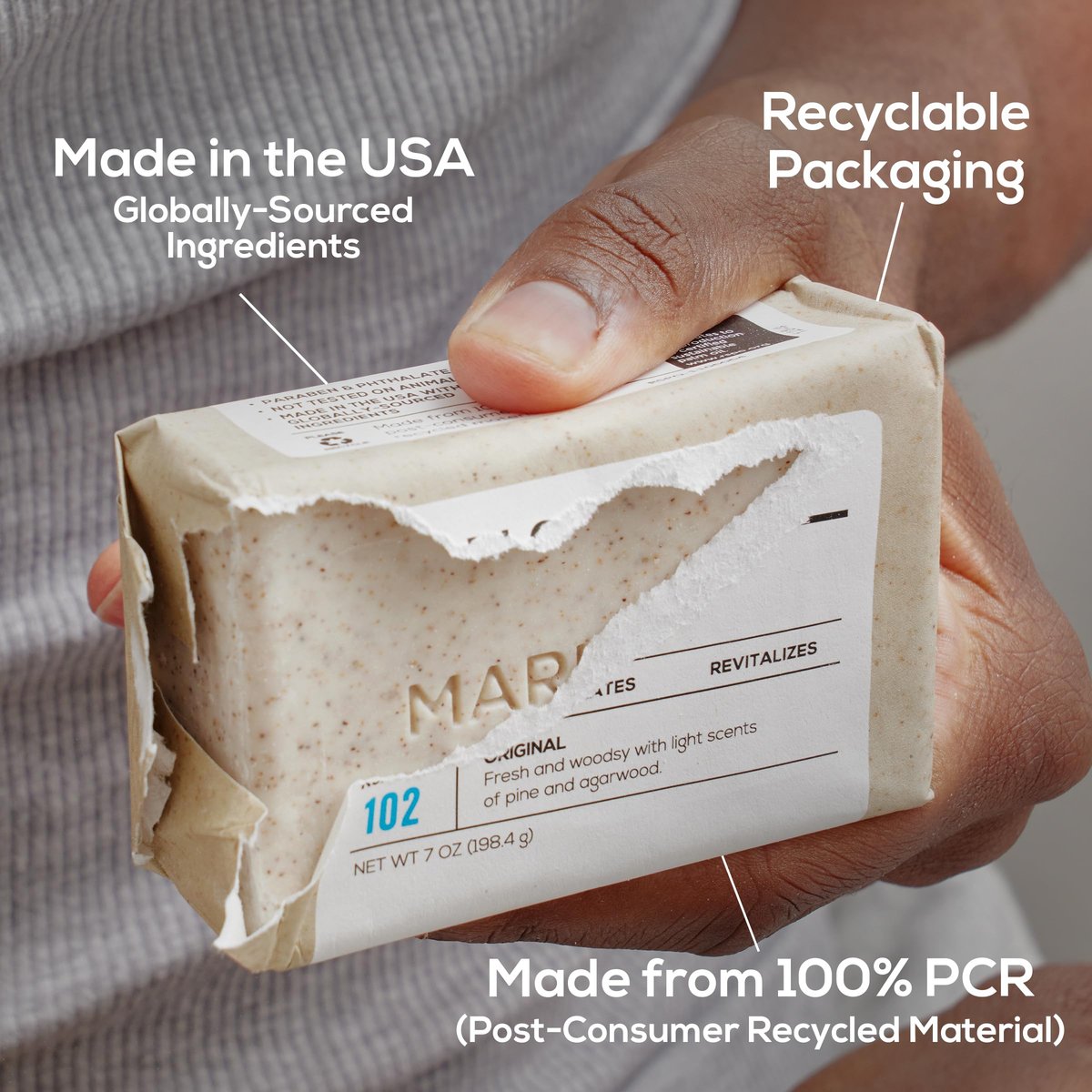 MARLOWE. No. 102 Body Scrub Soap – Exfoliating Bar with Shea Butter, Olive Oil & Green Tea, Sage & Fir Scent, 7 oz Avelisse