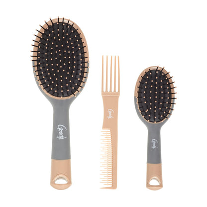 Goody Detangle It Hair Brushes Set - Large Oval Paddle Brush, Detangling Comb & Mini Brush for Wet or Dry Hair, Brown/Grey, 3 Count