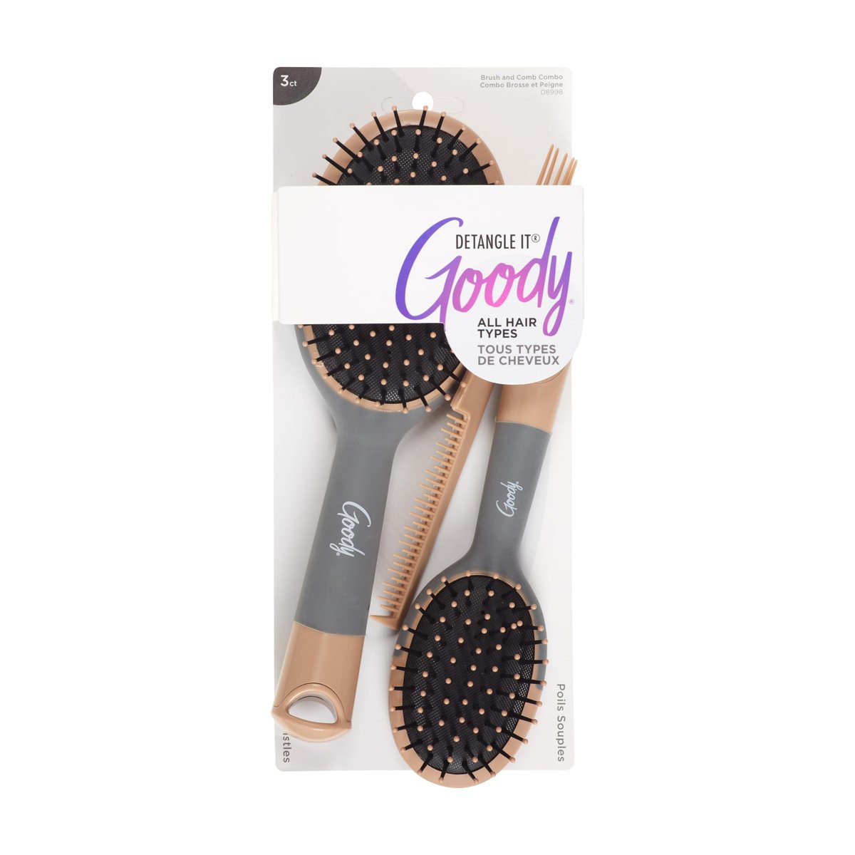 Goody Detangle It Hair Brushes Set - Large Oval Paddle Brush, Detangling Comb & Mini Brush for Wet or Dry Hair, Brown/Grey, 3 Count - görsel 1