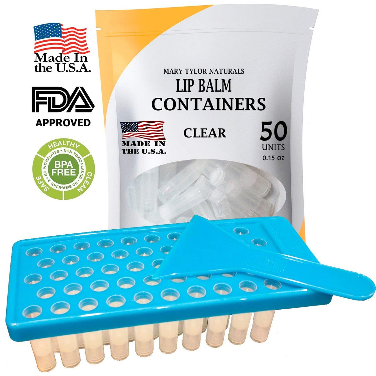 Mary Tylor Naturals Lip Balm Container Tray Kit - 52 Piece Set with Fill Tray and Spatula, BPA Free, Made in USA (Blue) Avelisse