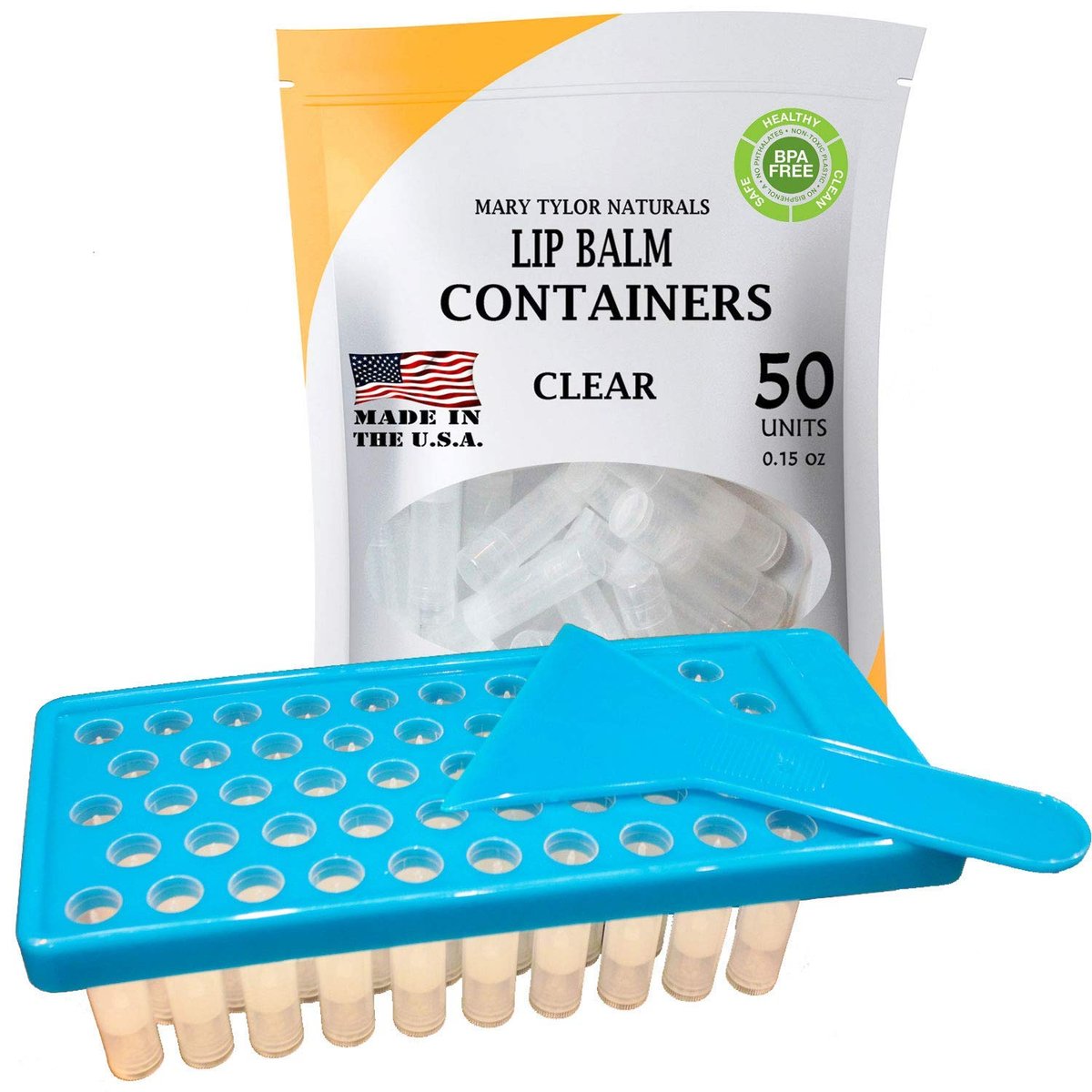 Mary Tylor Naturals Lip Balm Container Tray Kit - 52 Piece Set with Fill Tray and Spatula, BPA Free, Made in USA (Blue) Avelisse