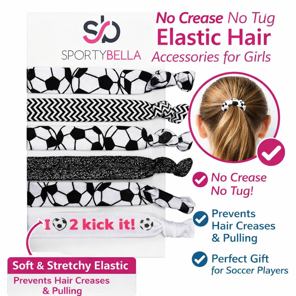 SportyBella No Crease Elastic Hair Ties for Girls Soccer Players – 6 Pack, Kick It Color - görsel 3