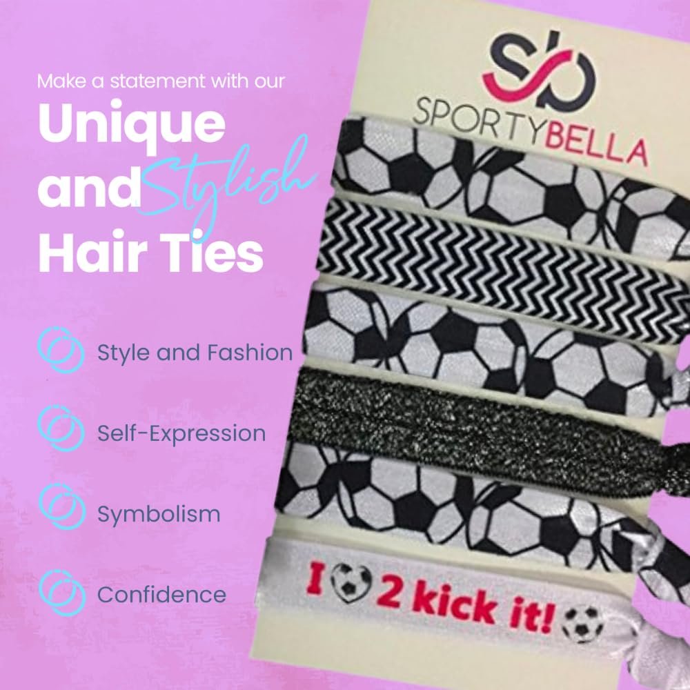 SportyBella No Crease Elastic Hair Ties for Girls Soccer Players – 6 Pack, Kick It Color - görsel 11