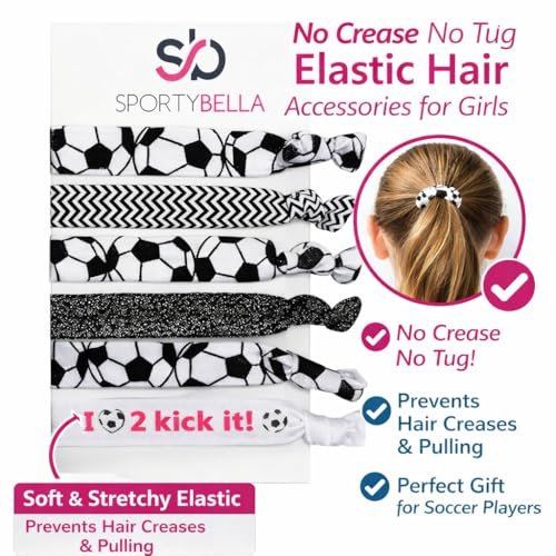 SportyBella No Crease Elastic Hair Ties for Girls Soccer Players – 6 Pack, Kick It Color - görsel 4