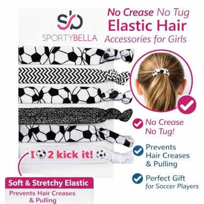 SportyBella No Crease Elastic Hair Ties for Girls Soccer Players – 6 Pack, Kick It Color