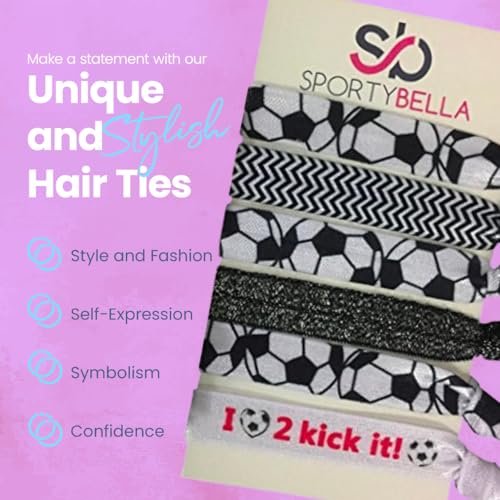 SportyBella No Crease Elastic Hair Ties for Girls Soccer Players – 6 Pack, Kick It Color - görsel 12