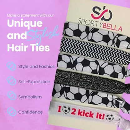 SportyBella No Crease Elastic Hair Ties for Girls Soccer Players – 6 Pack, Kick It Color