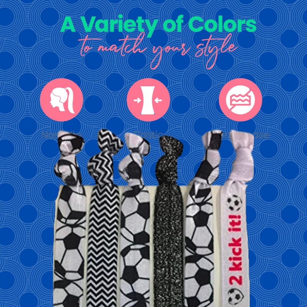 SportyBella No Crease Elastic Hair Ties for Girls Soccer Players – 6 Pack, Kick It Color - görsel 7