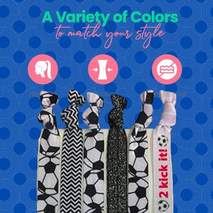 SportyBella No Crease Elastic Hair Ties for Girls Soccer Players – 6 Pack, Kick It Color