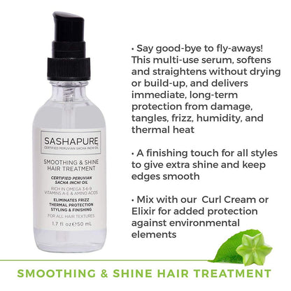 SASHAPURE Smoothing & Shine Hair Treatment with Sacha Inchi Oil - Eliminates Frizz, Heat Protection, Styling & Finishing, 1.7 fl.oz.
