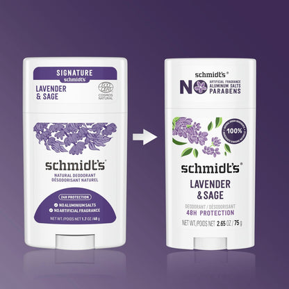 Schmidt's Natural Deodorant Lavender & Sage – Aluminum-Free, Vegan, 24-Hour Odor Protection for Women and Men, 2.65 oz