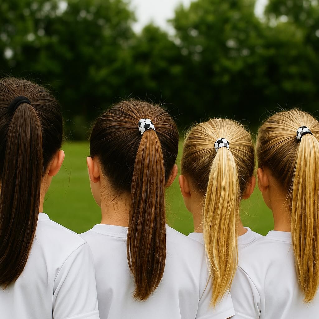 Sportybella Soccer Hair Ties – 5pc Set No Crease Ponytail Holders & Bracelets – Blue, Black & White Soccer Ball Design – Cute Soccer Accessories & Team Gifts for Girls, Teens & Women - görsel 9