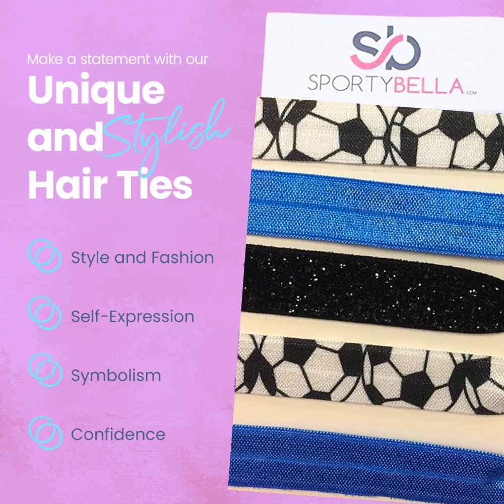 Sportybella Soccer Hair Ties – 5pc Set No Crease Ponytail Holders & Bracelets – Blue, Black & White Soccer Ball Design – Cute Soccer Accessories & Team Gifts for Girls, Teens & Women - görsel 11