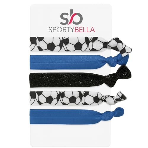 Sportybella Soccer Hair Ties – 5pc Set No Crease Ponytail Holders & Bracelets – Blue, Black & White Soccer Ball Design – Cute Soccer Accessories & Team Gifts for Girls, Teens & Women - görsel 2