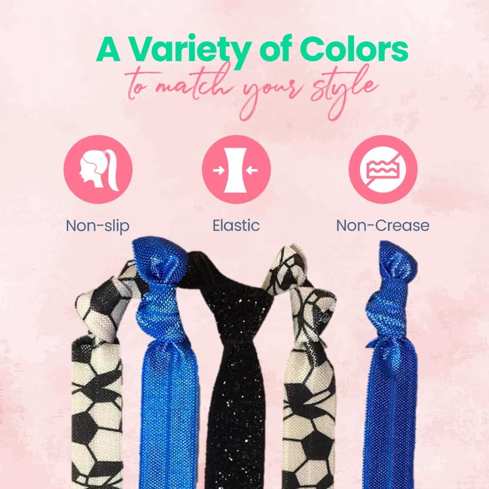 Sportybella Soccer Hair Ties – 5pc Set No Crease Ponytail Holders & Bracelets – Blue, Black & White Soccer Ball Design – Cute Soccer Accessories & Team Gifts for Girls, Teens & Women - görsel 7