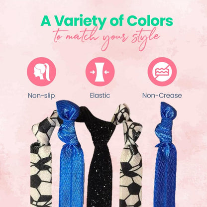 Sportybella Soccer Hair Ties – 5pc Set No Crease Ponytail Holders & Bracelets – Blue, Black & White Soccer Ball Design – Cute Soccer Accessories & Team Gifts for Girls, Teens & Women
