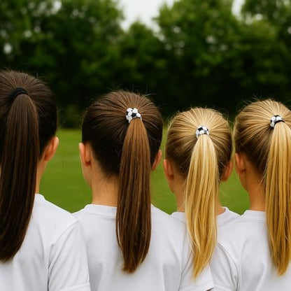 Sportybella Soccer Hair Ties – 5pc Set No Crease Ponytail Holders & Bracelets – Blue, Black & White Soccer Ball Design – Cute Soccer Accessories & Team Gifts for Girls, Teens & Women
