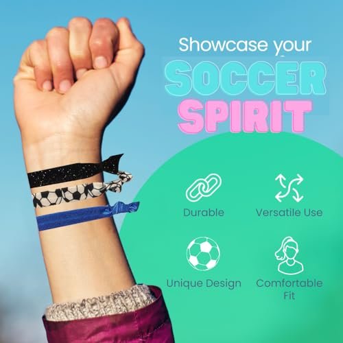 Sportybella Soccer Hair Ties – 5pc Set No Crease Ponytail Holders & Bracelets – Blue, Black & White Soccer Ball Design – Cute Soccer Accessories & Team Gifts for Girls, Teens & Women - görsel 4