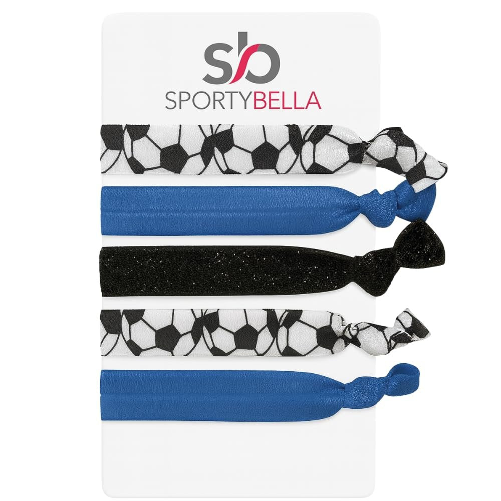 Sportybella Soccer Hair Ties – 5pc Set No Crease Ponytail Holders & Bracelets – Blue, Black & White Soccer Ball Design – Cute Soccer Accessories & Team Gifts for Girls, Teens & Women - görsel 1