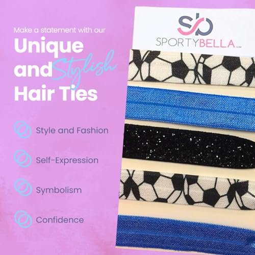 Sportybella Soccer Hair Ties – 5pc Set No Crease Ponytail Holders & Bracelets – Blue, Black & White Soccer Ball Design – Cute Soccer Accessories & Team Gifts for Girls, Teens & Women - görsel 12