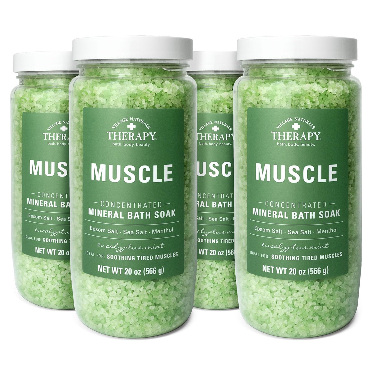 Village Naturals Therapy Muscle Concentrated Mineral Bath Soak - Eucalyptus Mint Scent, 20 oz (Pack of 4) Avelisse