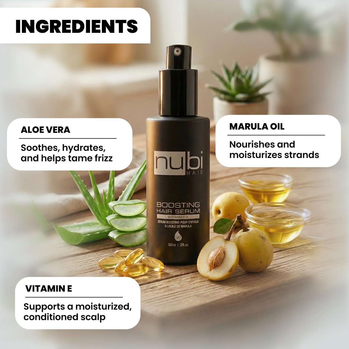 Nubi Marula Anti Frizz Serum - Smoothing Serum for Dry Hair Repair and Shine with Vitamin E, Aloe Vera - 2 Fl Oz - görsel 3