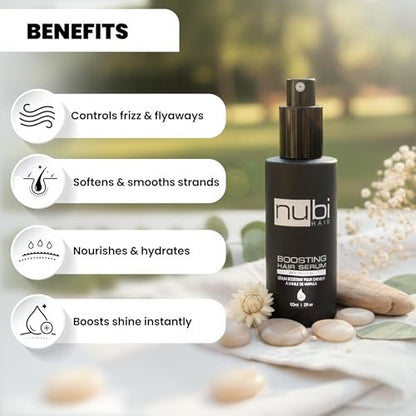 Nubi Marula Anti Frizz Serum - Smoothing Serum for Dry Hair Repair and Shine with Vitamin E, Aloe Vera - 2 Fl Oz
