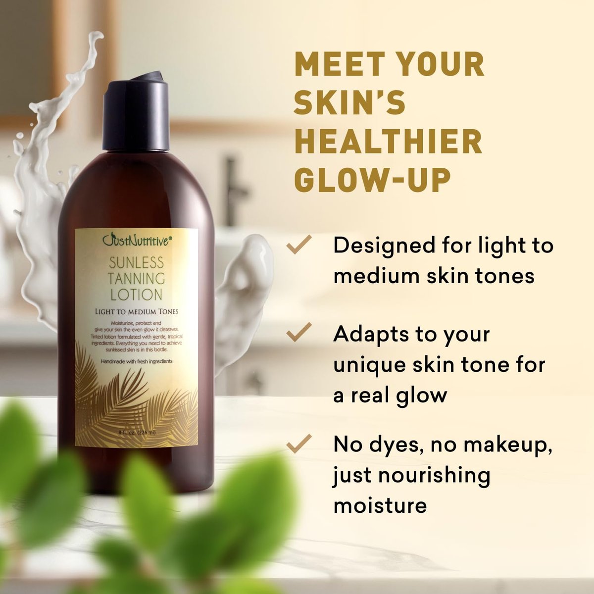Just Nutritive Sunless Tanning Lotion - Light to Medium Tones, 8 oz - Natural Sun-Kissed Glow for All Skin Types Avelisse