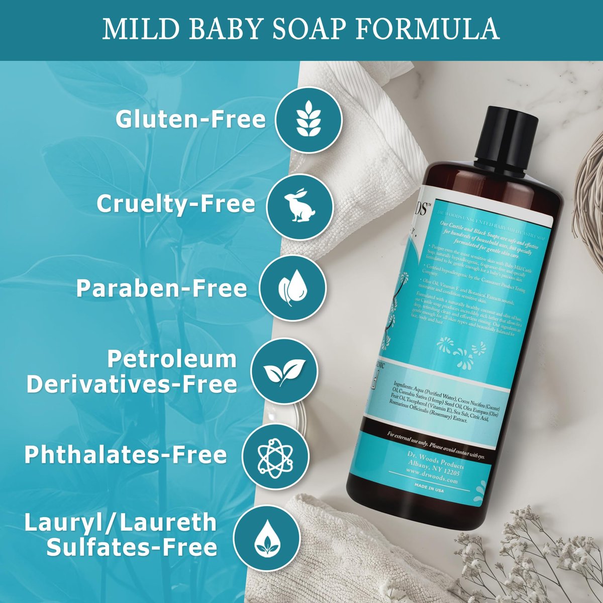 Dr. Woods Unscented Baby Mild Liquid Castile Soap - 32 Fl Oz (Pack of 2) - Natural, Gentle Cleanser for Sensitive Skin with Hemp Oil and Vitamin E Avelisse