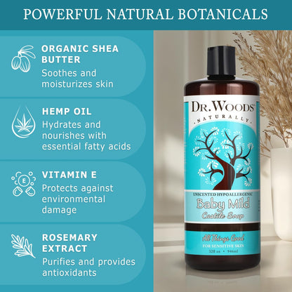 Dr. Woods Unscented Baby Mild Liquid Castile Soap - 32 Fl Oz (Pack of 2) - Natural, Gentle Cleanser for Sensitive Skin with Hemp Oil and Vitamin E Avelisse