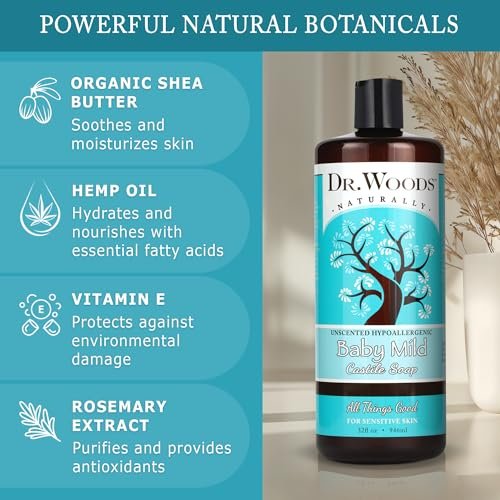 Dr. Woods Unscented Baby Mild Liquid Castile Soap - 32 Fl Oz (Pack of 2) - Natural, Gentle Cleanser for Sensitive Skin with Hemp Oil and Vitamin E Avelisse