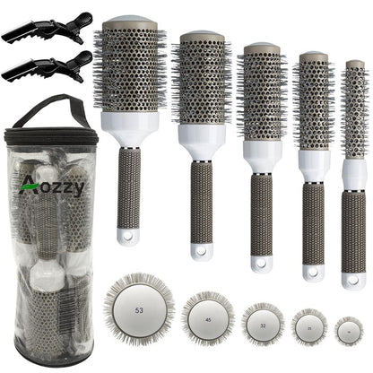 Professional Ceramic Ion Thermal Barrel Hair Brush Set - 5 Sizes for Blow Drying & Curling, Shiny Heat Styling
