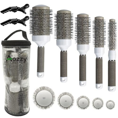 Professional Ceramic Ion Thermal Barrel Hair Brush Set - 5 Sizes for Blow Drying & Curling, Shiny Heat Styling
