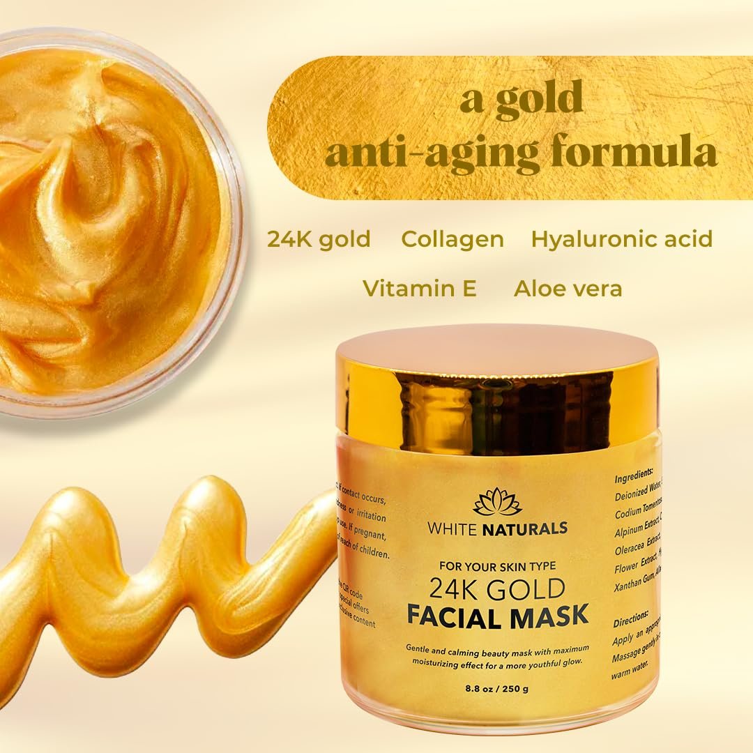 White Naturals One Day Sale 24K Gold Facial Mask – Anti-Aging Gold Face Mask for Flawless, Moisturized Skin, Reduces Wrinkles, Fine Lines & Acne Scars, Removes Blackheads, Dirt & Oils (8.8 oz) Avelisse