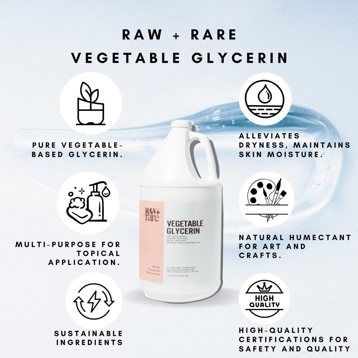 Raw Plus Rare Natural Glycerin for Skin and Face – USP Food Grade, Kosher, Halal, Pharmaceutical Grade – Bulk Gallon (128 fl oz) Avelisse
