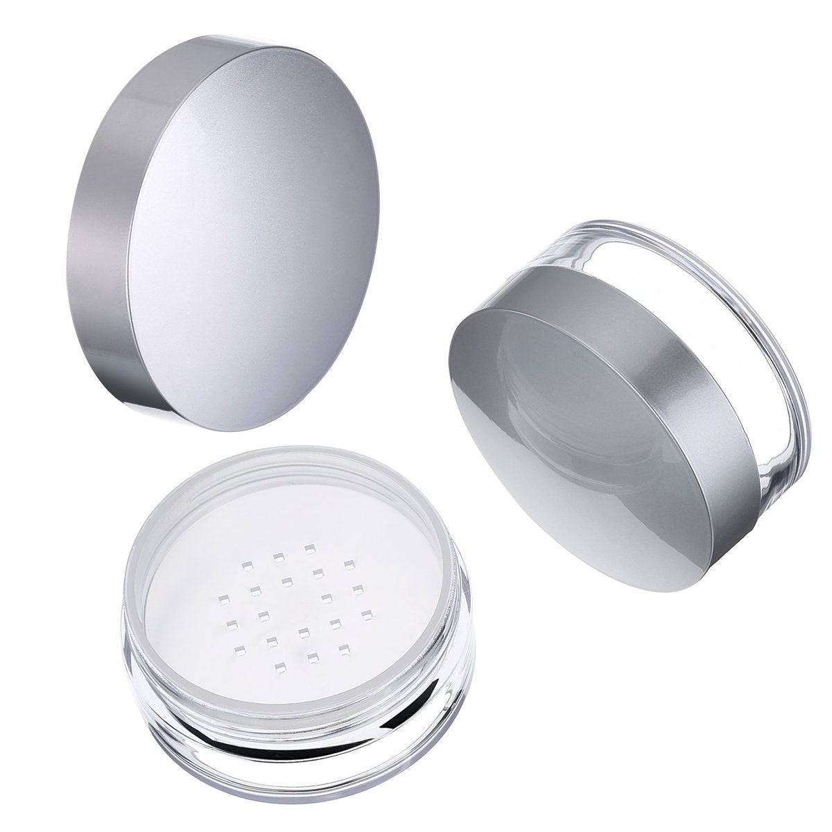 Hotop 3-Piece 50ml Empty Loose Powder Containers with Sifter and Lid – Refillable Travel Face Makeup Case Kit for Blush, Setting Powder (Plastic, Silver Lid) Avelisse