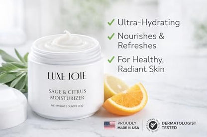 LuxeJoie Sage & Citrus Moisturizer – Fast Absorbing Face Cream for Normal, Oily & Combination Skin, 2 oz