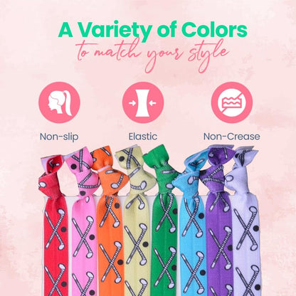 Field Hockey Hair Ties - Rainbow Multi-Colored No Crease Elastics with Hockey Stick Design, 8 Pack