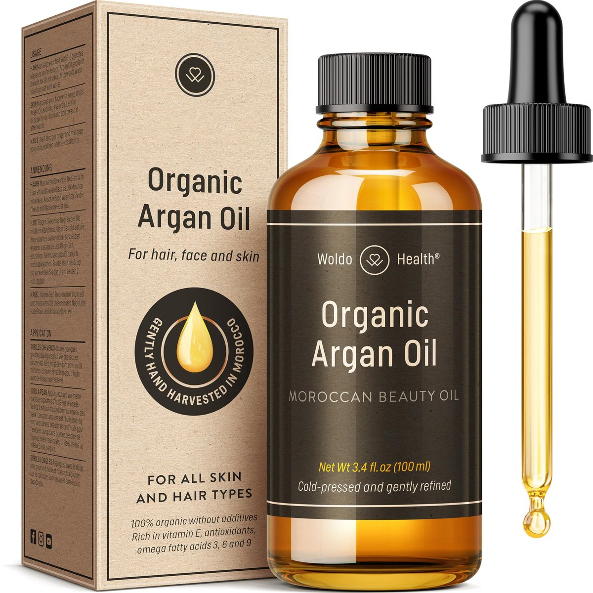 Organic Argan Oil Cold Pressed 3.38 Fl Oz - Moroccan Beauty Oil for Hair, Skin, Nails & Face, Vitamin E Rich, Non-Greasy Natural Moisturizer Avelisse